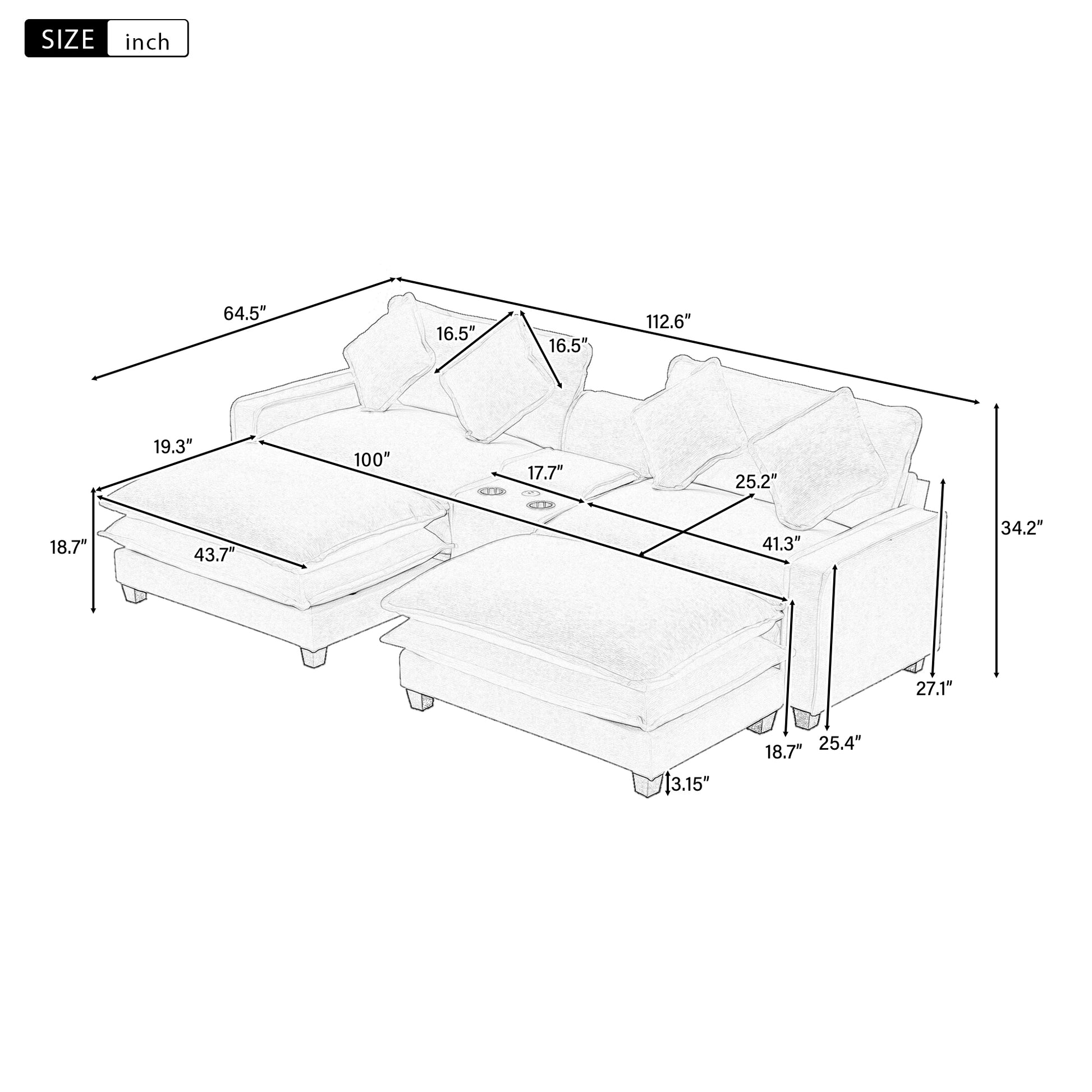 112.6" Sectional Sofa Chenille Upholstered Sofa With Two Removable Ottoman, Two Usb Ports, Two Cup Holders And Large Storage Box For Living Room, Beige Beige Foam Chenille 2 Seat