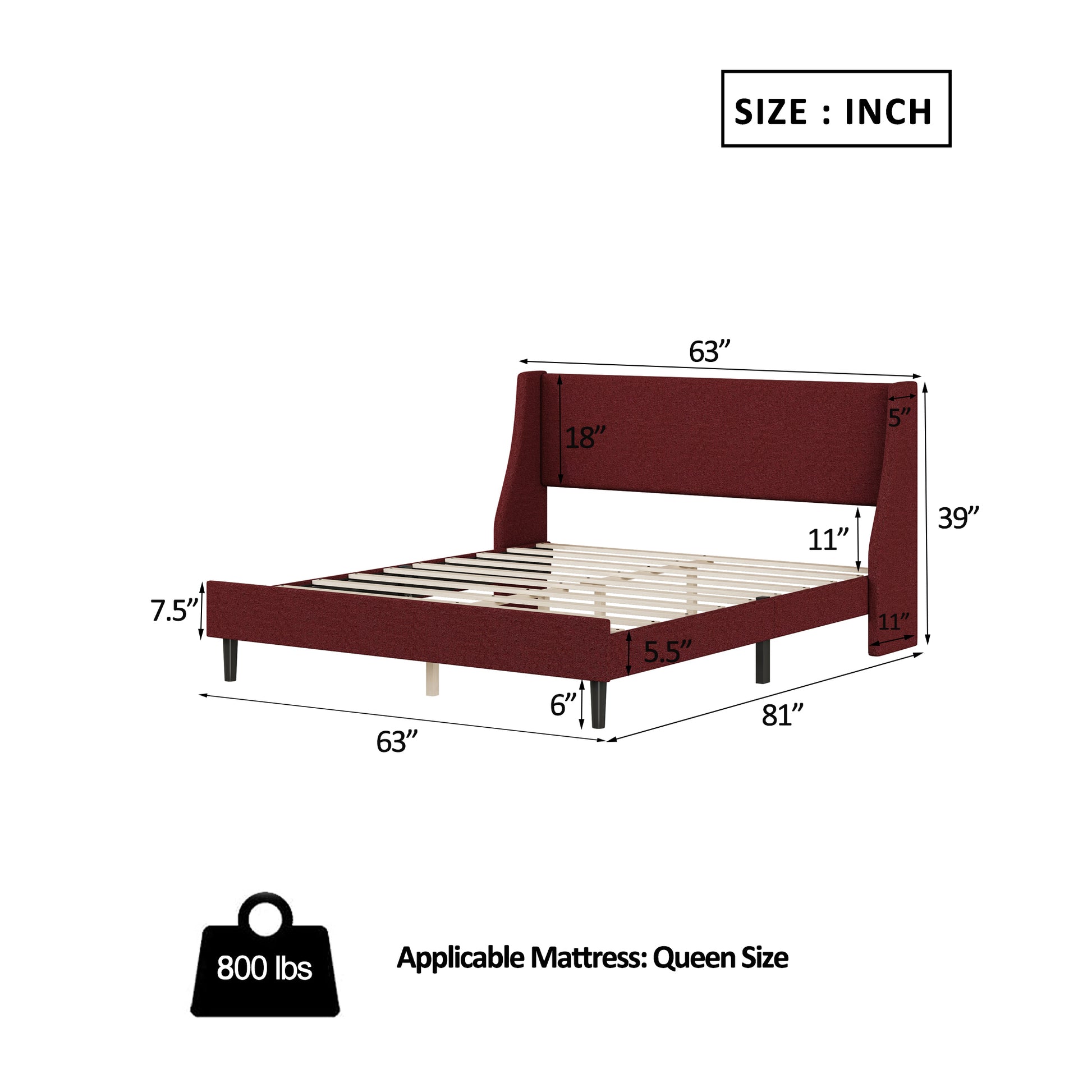 Queen Size Bedframe Upholstered Bed Frame Platform, Non Adjustable Headboard Linen Fabric Headboard Wooden Strip Support No Box Spring Easy Assembly Mattress Base, Orangequeen Queen Red Metal & Wood