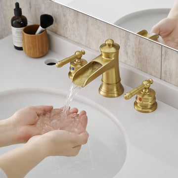 Bathroom Faucets For Sink 3 Hole Nickel Gold 8 Inch Widespread Bathroom Sink Faucet With Pop Up Drain Double Lever Handle Faucet Bathroom Vanity Faucet Basin Mixer Tap Faucet With Hose Bathroom Joystick Geometric Two Brushed Gold Side Sprayer Deck