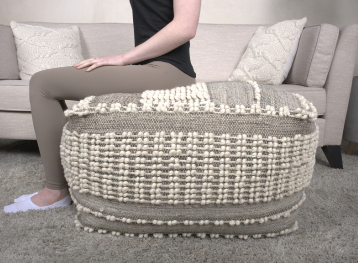 Rustic Wool And Cotton Large Pouf, Brown Brown Beige Wool