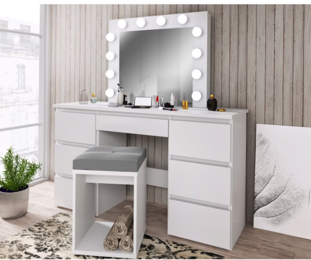 Large White Vanity Tables With Mirror And Light Matte White White Drawer 5 Drawers & Above Bedroom Extra Deep Drawers Modern 2 Or Less Poplar Mirror Included White Particle Board Mdf