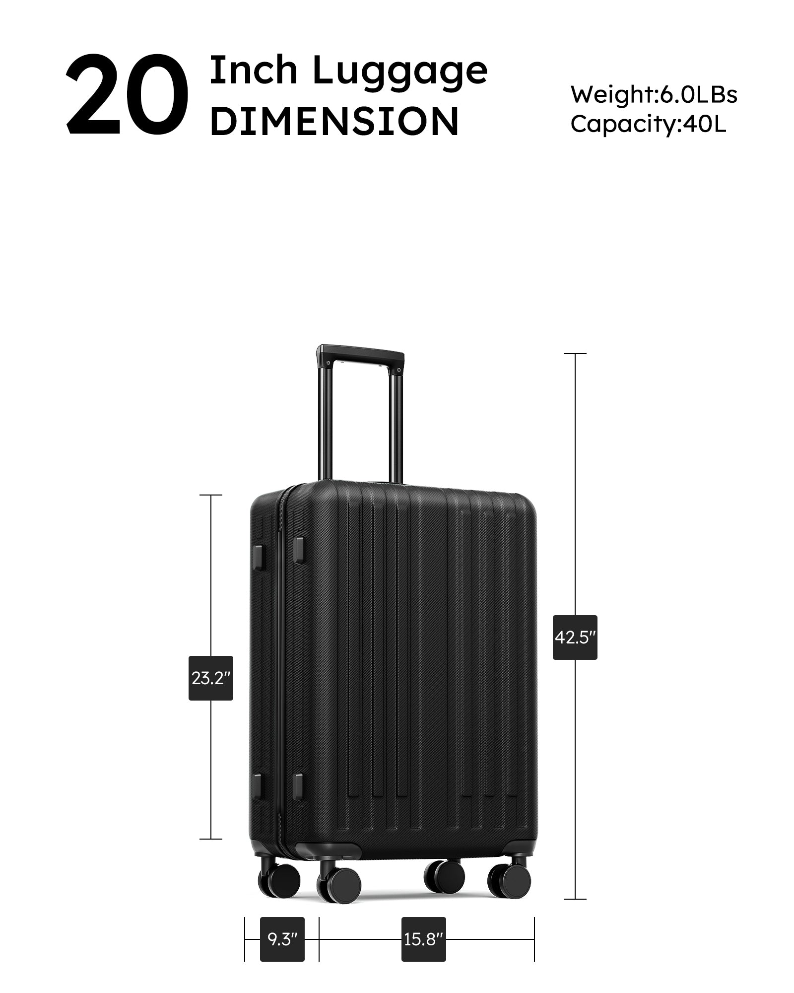 20 Inch Carry On Luggage With 360 Spinner Wheels Suitcases With Hard Sided Lightweight Abs Material Black Abs