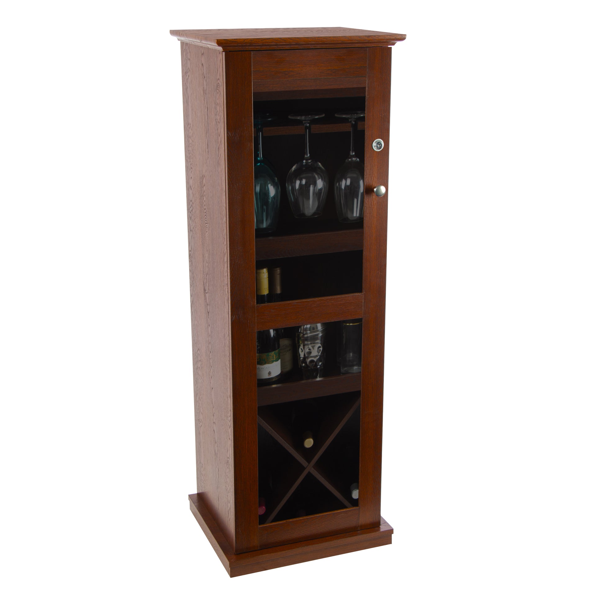 Locking Bar Cabinet, Holds 9 Wine Glasses, Holds Up To 16 Wine Bottles, Compact Storage In Chestnut Brown Chestnut Particle Board