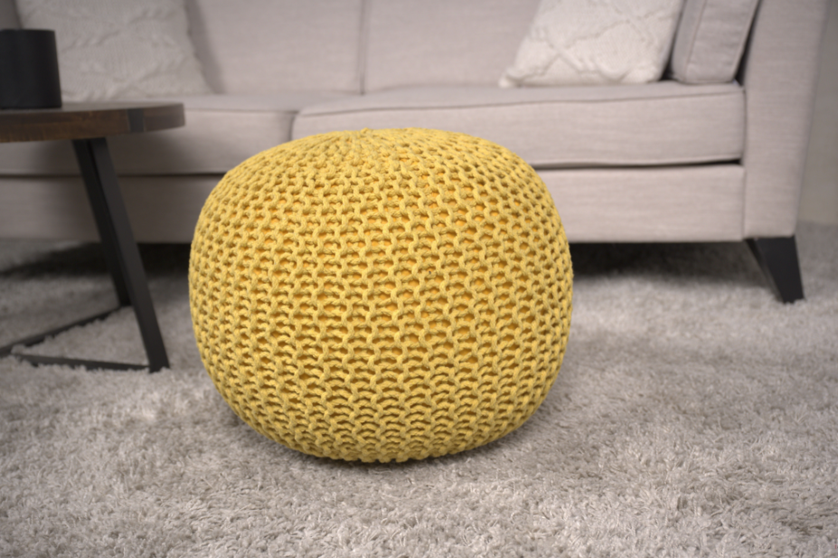 Bordeaux Knitted Cotton Round Pouf, Yellow Yellow Cotton