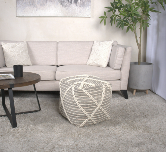 Rope Square Pouf, Gray And Ivory Gray Wool