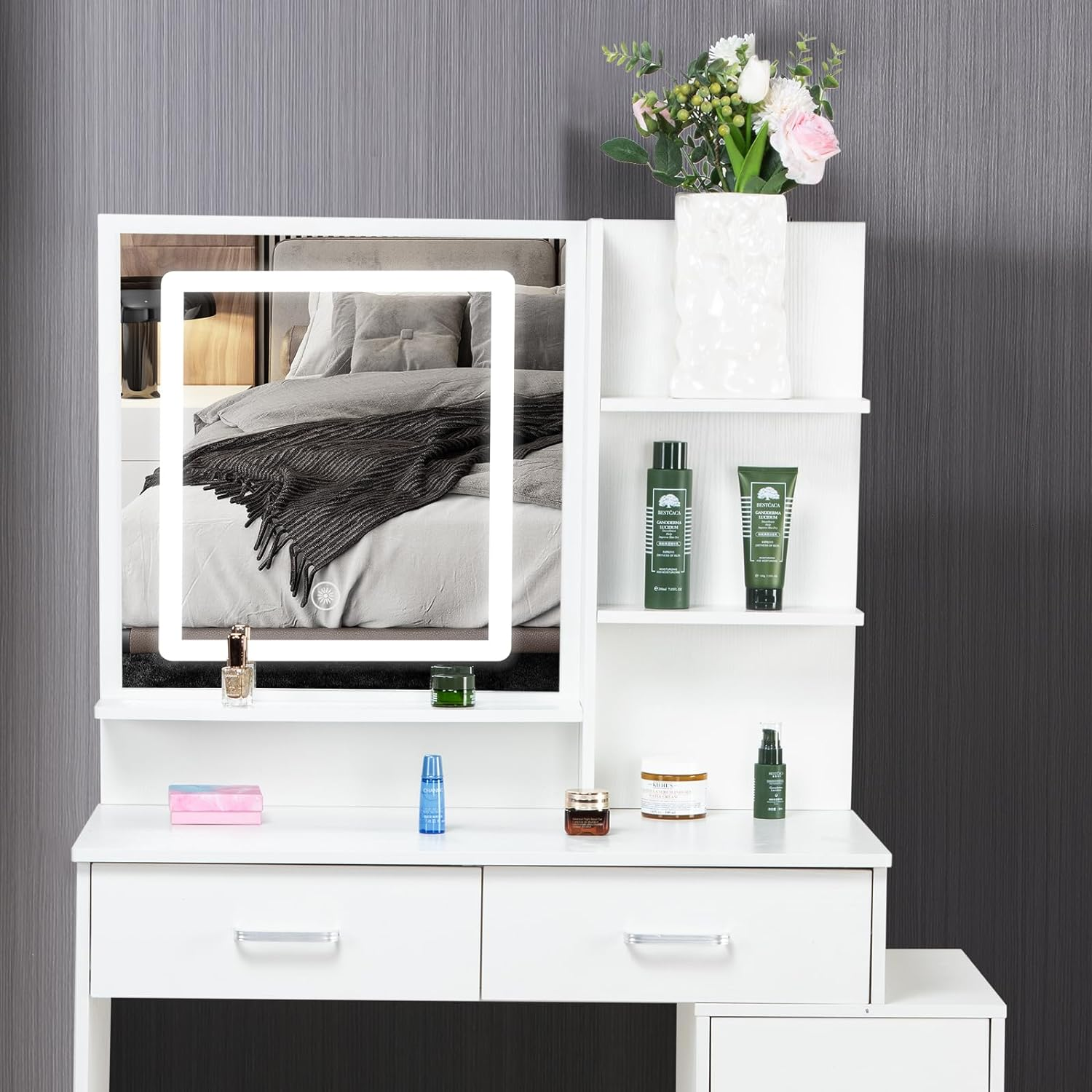 White Color Adjustable Dressing Table With 4 Drawers Matte White White Drawer 5 Drawers & Above Bedroom Extra Deep Drawers Modern 2 Or Less Poplar Mirror Included White Particle Board Mdf