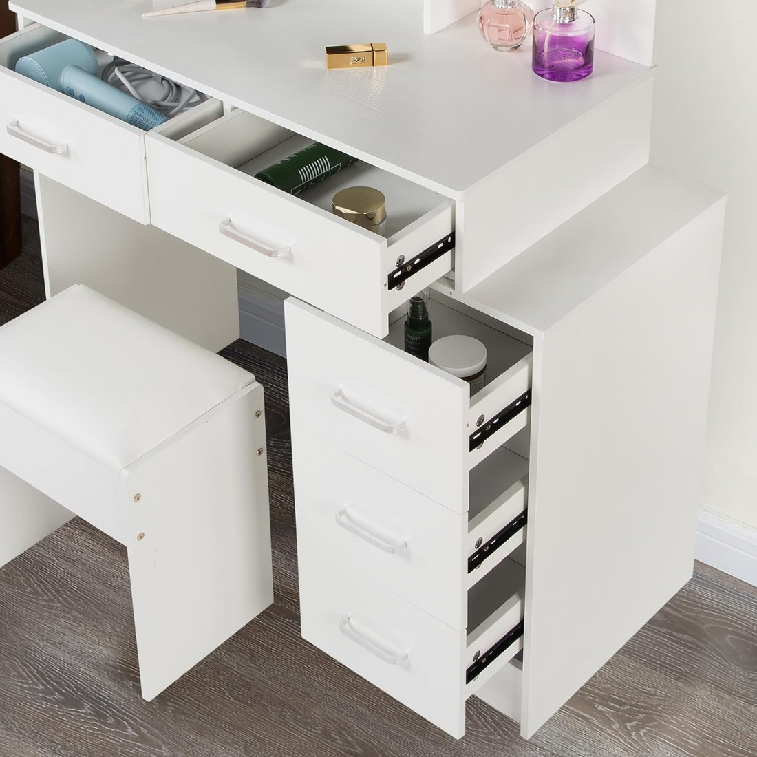 White Color Adjustable Dressing Table With 4 Drawers Matte White White Drawer 5 Drawers & Above Bedroom Extra Deep Drawers Modern 2 Or Less Poplar Mirror Included White Particle Board Mdf