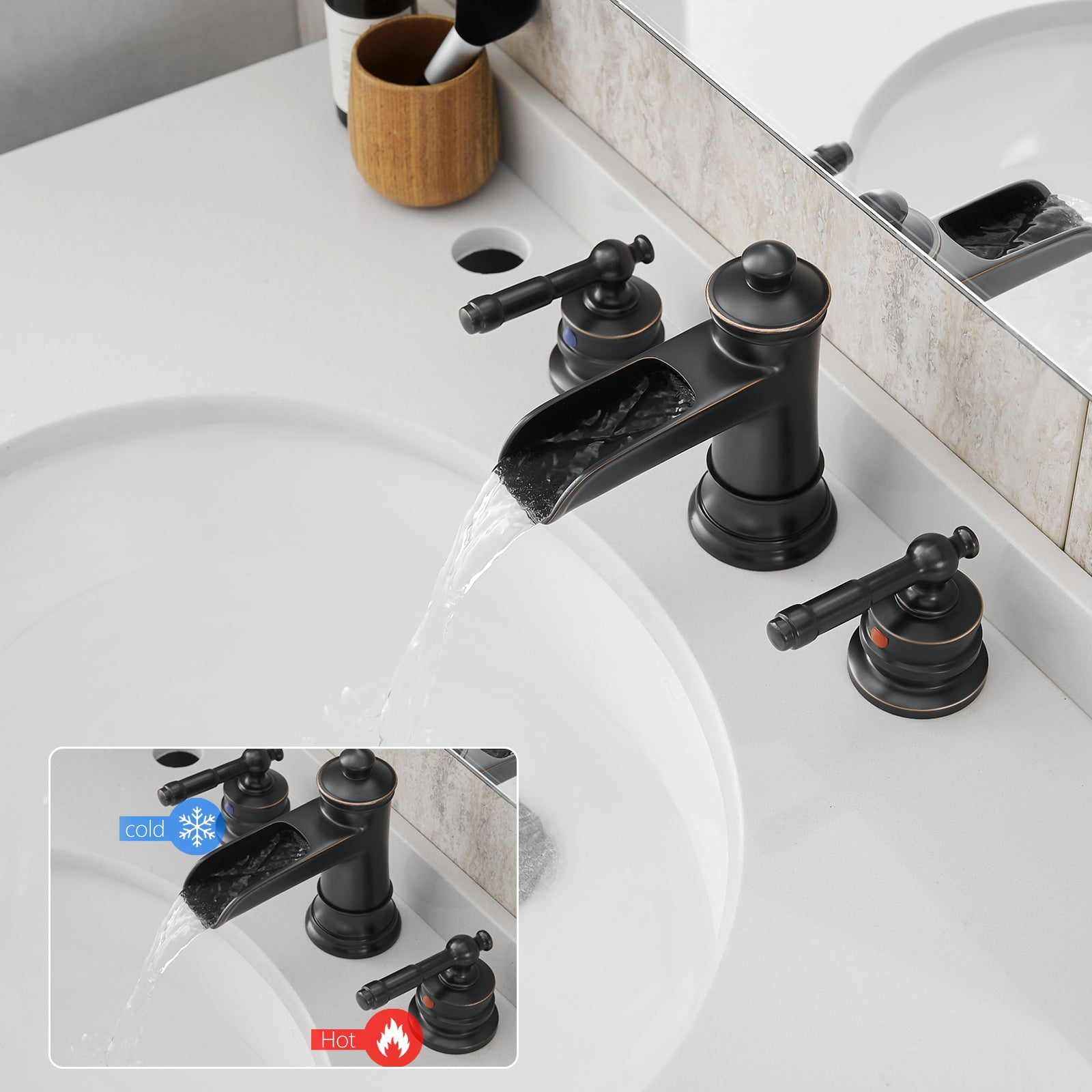 Bathroom Faucets For Sink 3 Hole Orb 8 Inch Widespread Bathroom Sink Faucet With Pop Up Drain Double Lever Handle Faucet Bathroom Vanity Faucet Basin Mixer Tap Faucet With Hose Bathroom Joystick Geometric Two Oil Rubbed Bronze Side Sprayer Deck Mounted