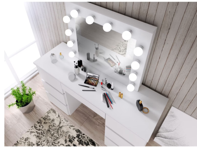 Large White Vanity Tables With Mirror And Light Matte White White Drawer 5 Drawers & Above Bedroom Extra Deep Drawers Modern 2 Or Less Poplar Mirror Included White Particle Board Mdf