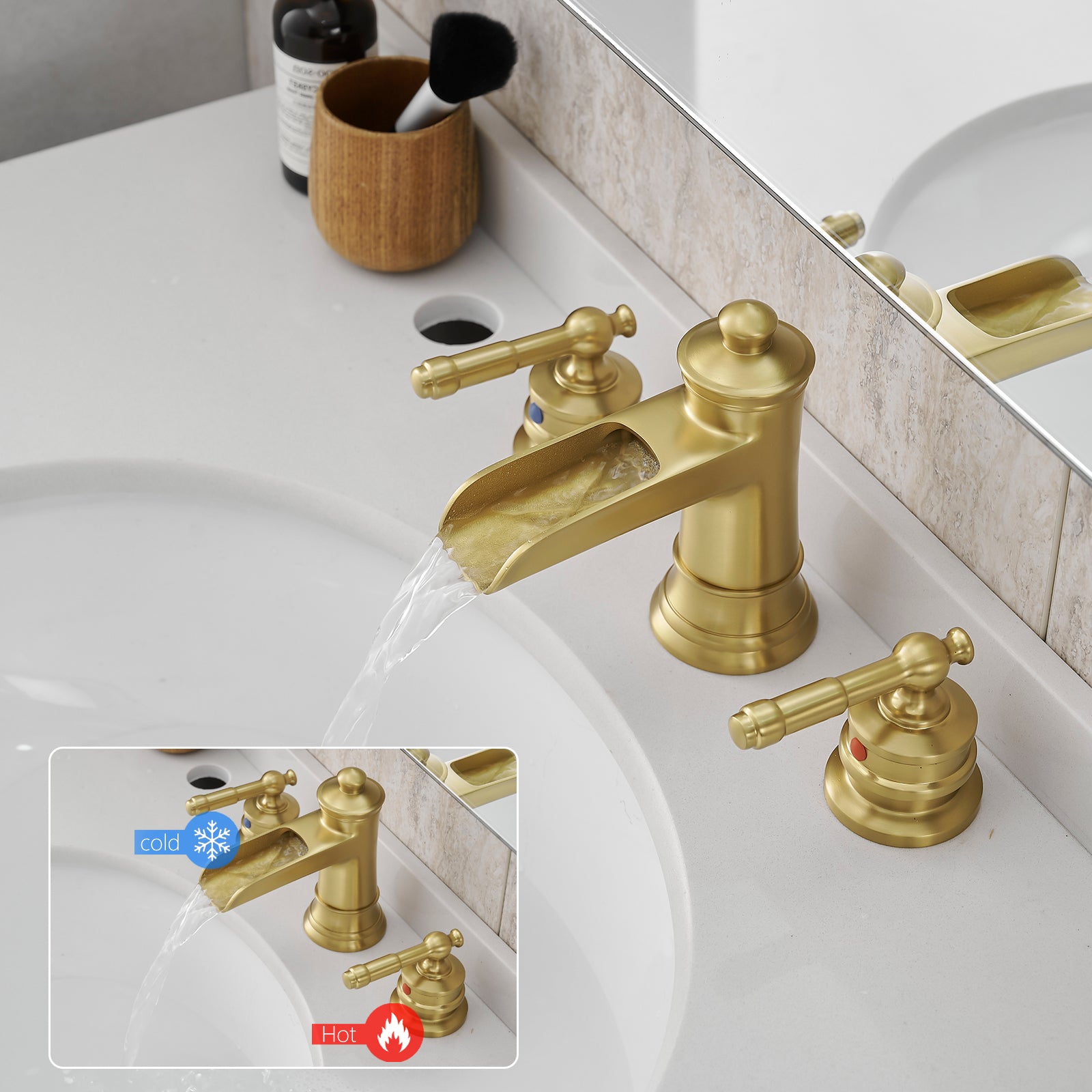 Bathroom Faucets For Sink 3 Hole Nickel Gold 8 Inch Widespread Bathroom Sink Faucet With Pop Up Drain Double Lever Handle Faucet Bathroom Vanity Faucet Basin Mixer Tap Faucet With Hose Bathroom Joystick Geometric Two Brushed Gold Side Sprayer Deck