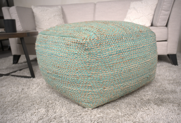 Forest Large Square Pouf, Aqua Beige Aqua Fabric