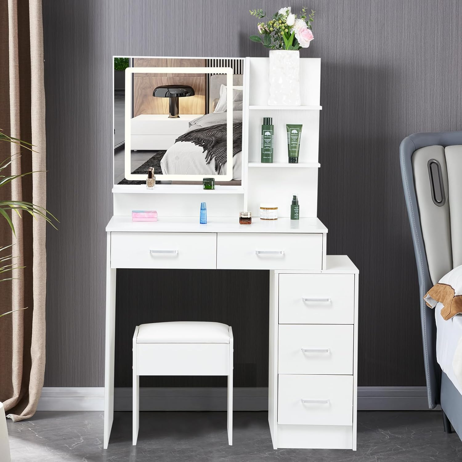 White Color Adjustable Dressing Table With 4 Drawers Matte White White Drawer 5 Drawers & Above Bedroom Extra Deep Drawers Modern 2 Or Less Poplar Mirror Included White Particle Board Mdf