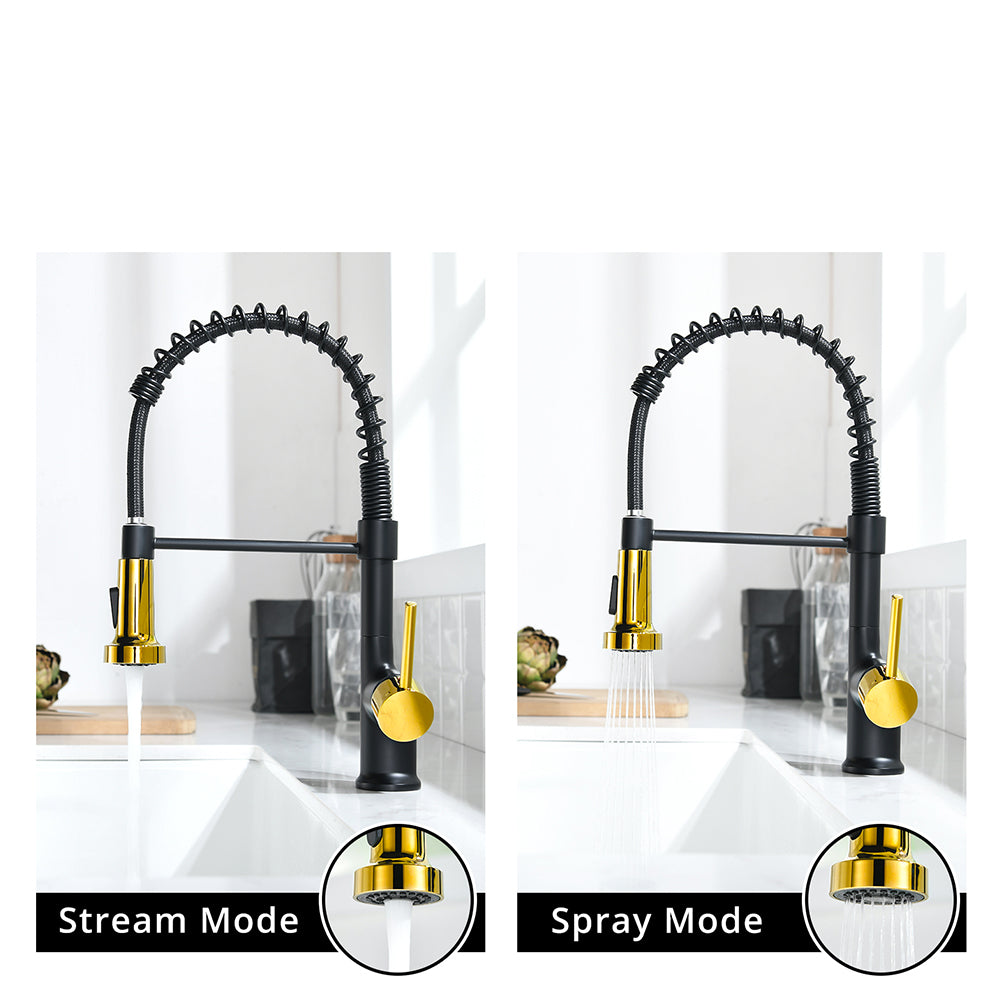 Commercial Black And Nickel Gold Kitchen Faucet With Pull Out Sprayer, Single Handle Single Lever Kitchen Sink Faucet Black Gold Kitchen Contemporary Ceramic Stainless Steel