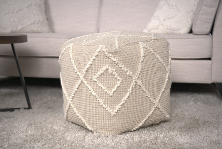 Merloh Square Pouf, Ivory Ivory Wool