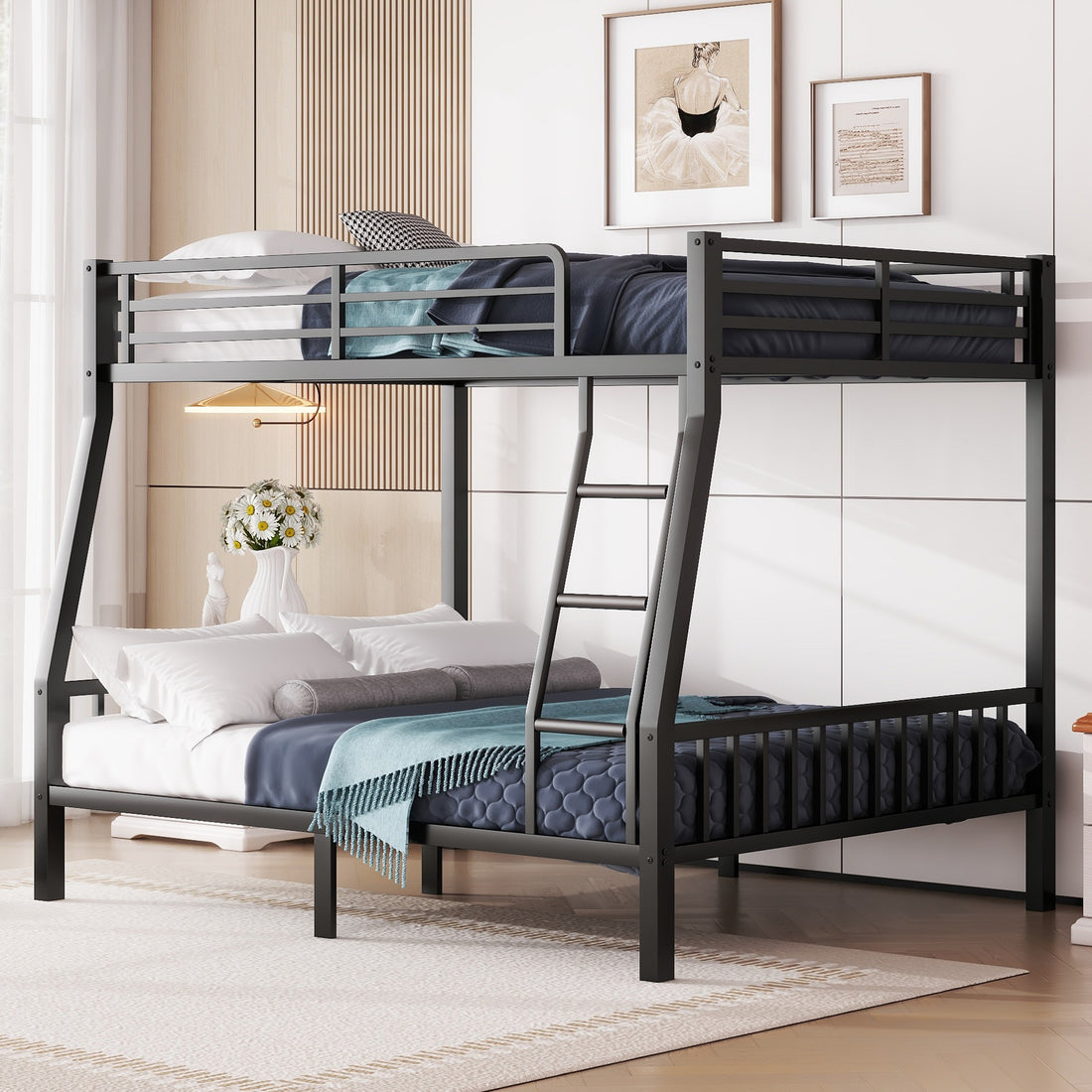 Full Xl Over Queen Metal Bunk Bed With Ladder And Slats Support For Adults Teens, Black Queen Black Metal Bunk Steel