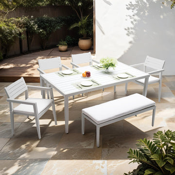 6Pc Patio Aluminum Furniture, Modern Dining Set, Including 4 Dining Chairs & 1 Dining Bench Sunbrella Fabric Cushioned And Two Tone Table Top Rectangle Table With Umbrella Hole, Matte White Grayish Yes Dining Set Matte White Grayish Seats 6 Rust