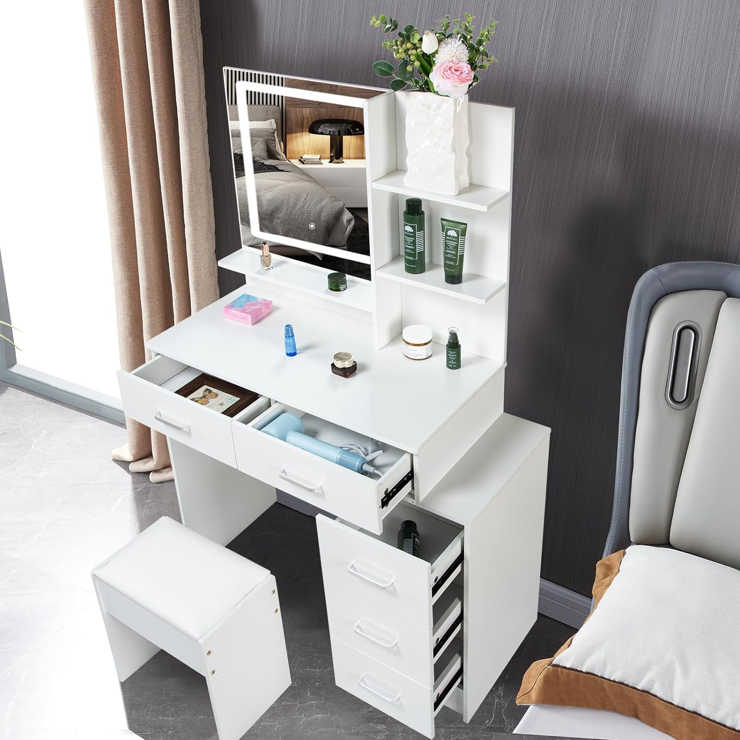 White Color Adjustable Dressing Table With 4 Drawers Matte White White Drawer 5 Drawers & Above Bedroom Extra Deep Drawers Modern 2 Or Less Poplar Mirror Included White Particle Board Mdf