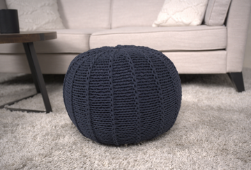 Bordeaux Knitted Cotton Round Pouf, Dark Blue Dark Blue Cotton