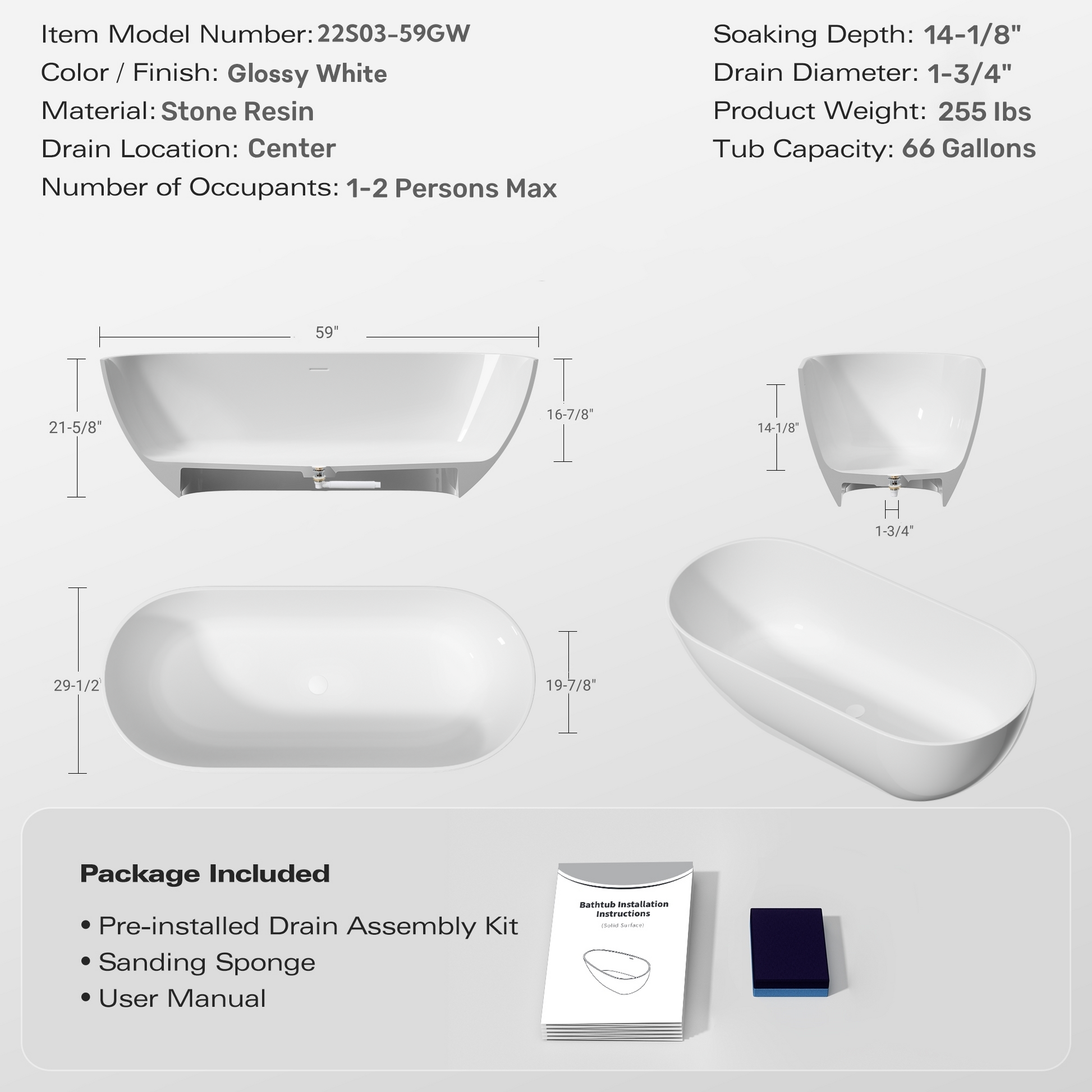 59" Freestanding Solid Surface Bathtub, Luxury Man Made Stone Resin Freestanding Soaking Bathtub With Overflow And Pop Up Drain For Contemporary Bathroom, Glossy White 22S03 59Gw White Solid Surface