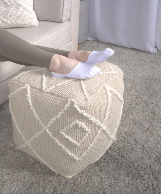 Merloh Square Pouf, Ivory Ivory Wool