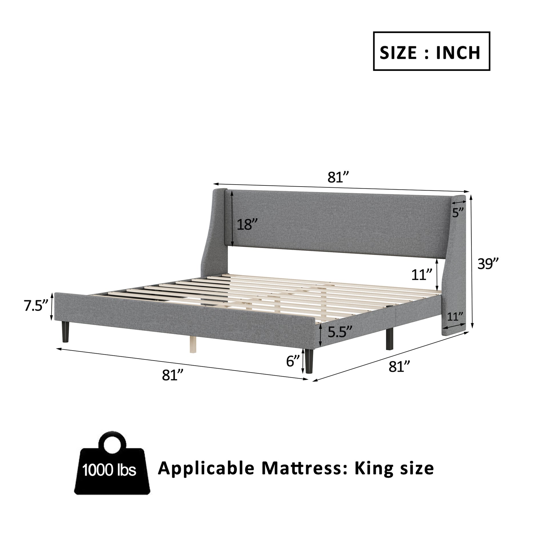 King Size Bed Frame Upholstered Bed Frame Platform ,Non Adjustable Headboard Linen Fabric Headboard Wooden Slats Support No Box Spring Needed Easy Assembly Mattress Foundation, Light Gray King Light Gray Metal & Wood