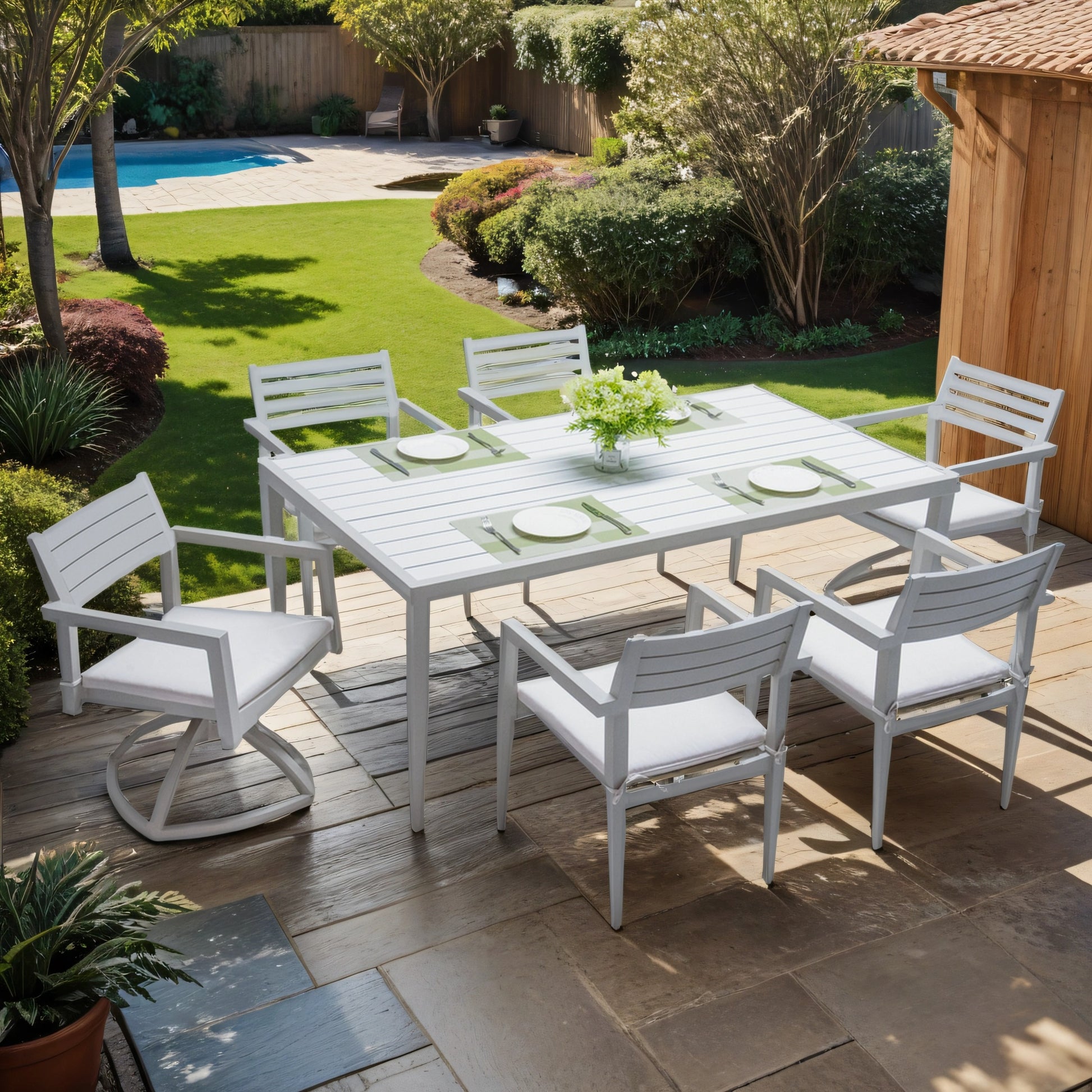 Outdoor Patio Aluminum 40"X70" Two Tone Table Top Rectangle Dining Table With Tapered Feet & Umbrella Hole, Matte White Grayish Dining Set Matte White Grayish Rust Resistant Frame Garden & Outdoor Modern Multiple Chairs Seating Group Aluminum