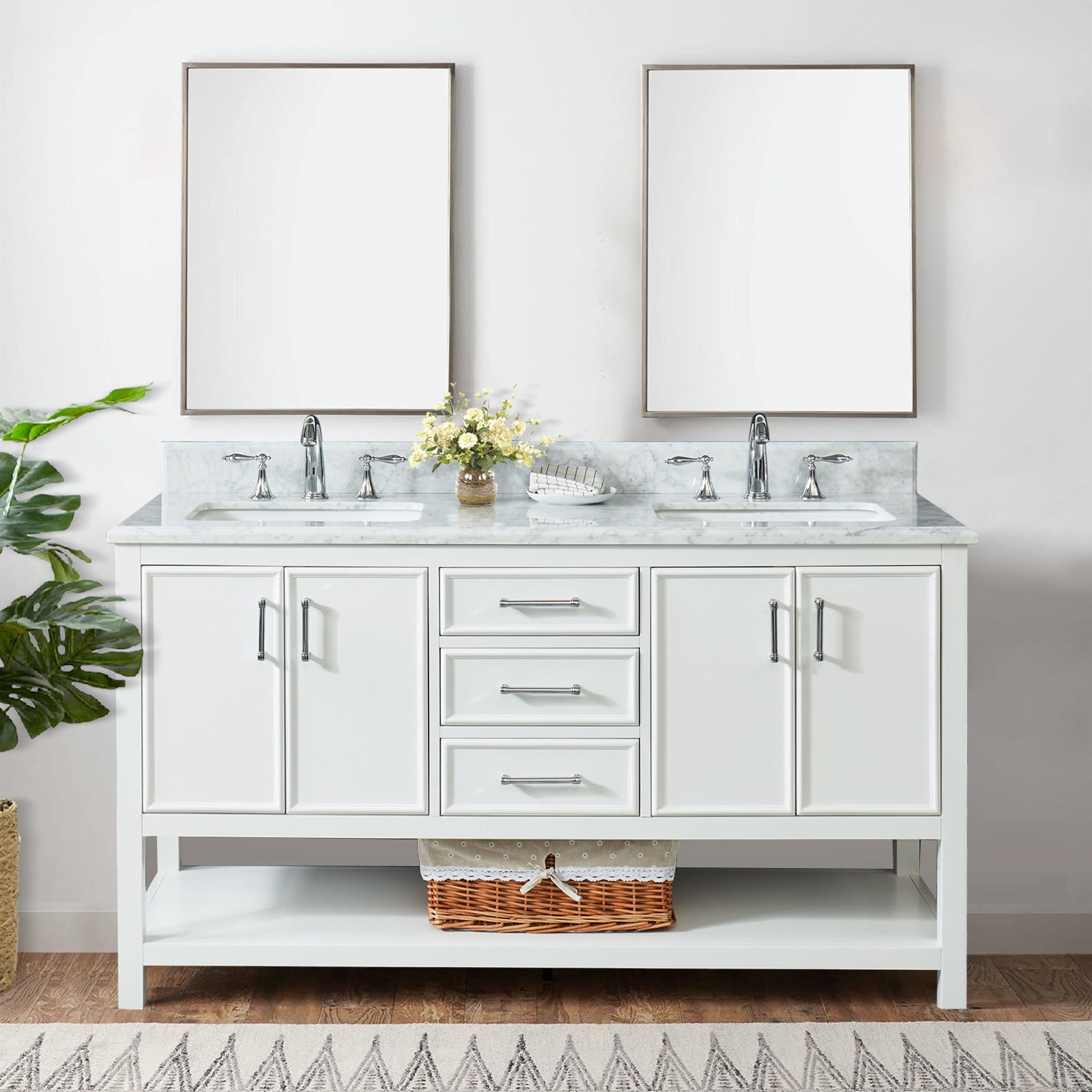 61'' Bathroom Vanity, Solid Wood Frame Bathroom Storage Cabinet, Freestanding Vanity With Top White Bathroom Freestanding Wood