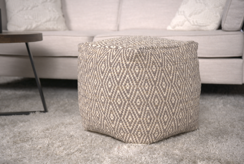 Amuleto Hand Crafted Cotton Pouf, Beige And Yellow Beige Yellow Fabric