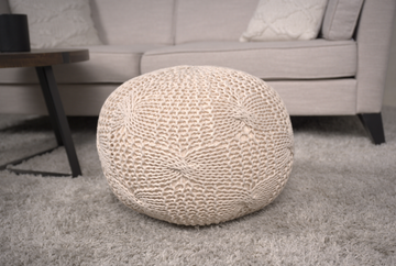 Bordeaux Knitted Cotton Round Pouf, Beige Beige Cotton