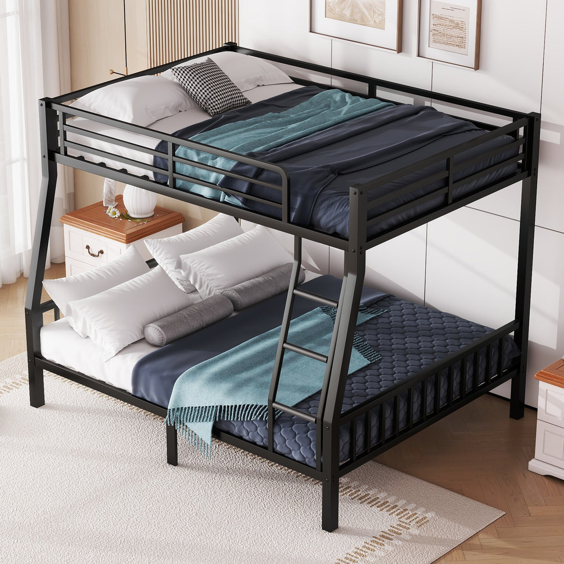 Full Xl Over Queen Metal Bunk Bed With Ladder And Slats Support For Adults Teens, Black Queen Black Metal Bunk Steel