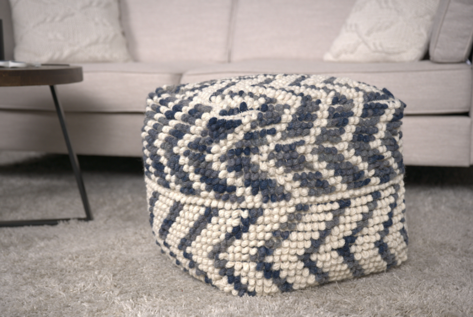 Alina Wool And Cotton Pouf, Natural And Blue Natural Wool