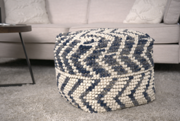 Alina Wool And Cotton Pouf, Natural And Blue Natural Wool