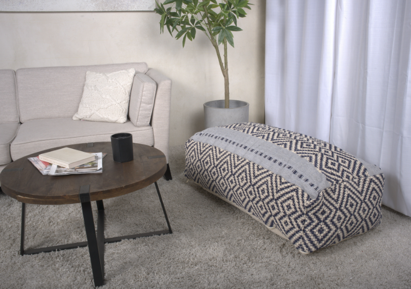 Juniper Rectangular Pouf, Natural, Blue And White White Blue Fabric