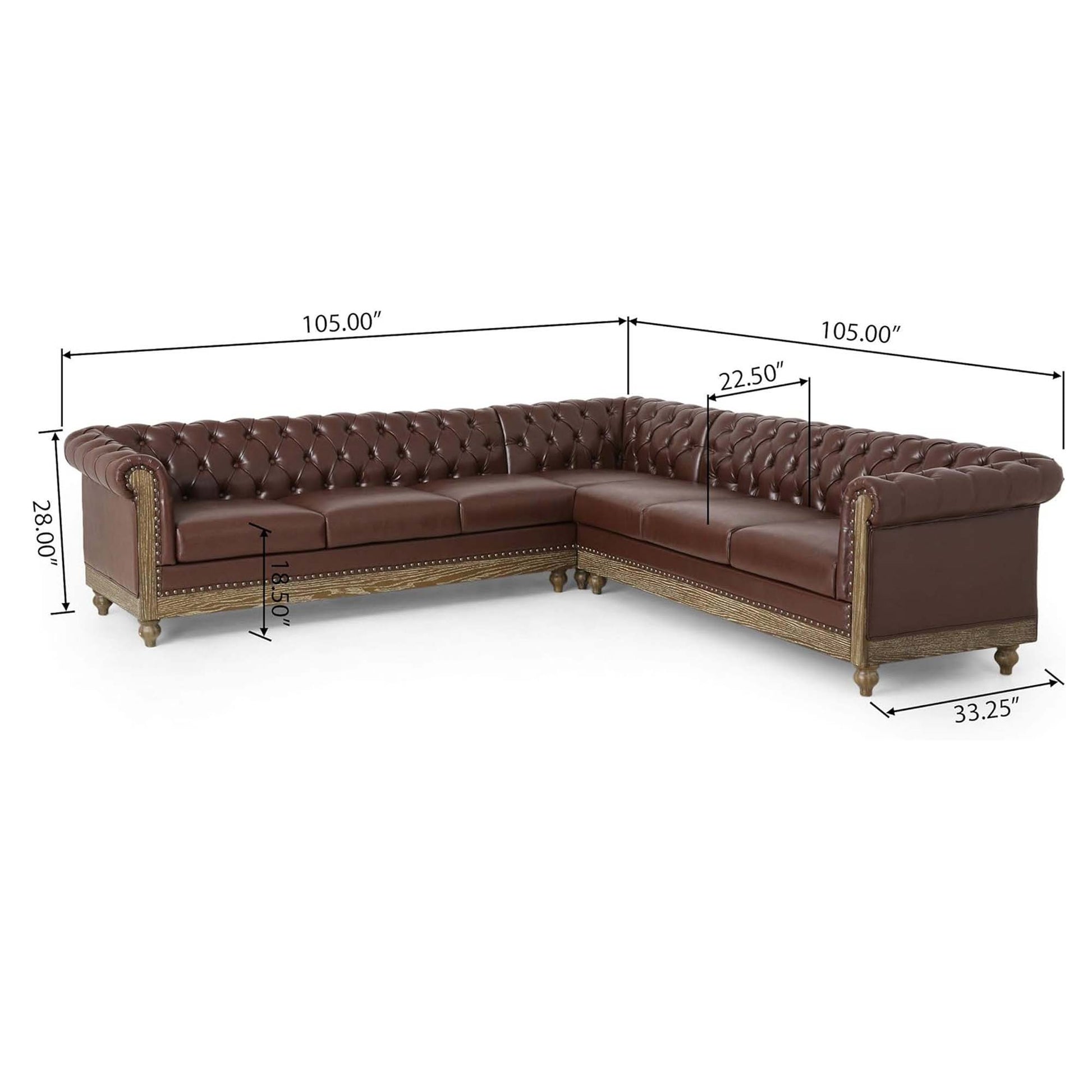 Mirod Comfy Large Sectional Sofa With Wooden Legs, Retro Style For Living Room Dark Brown Pu 6 Seat