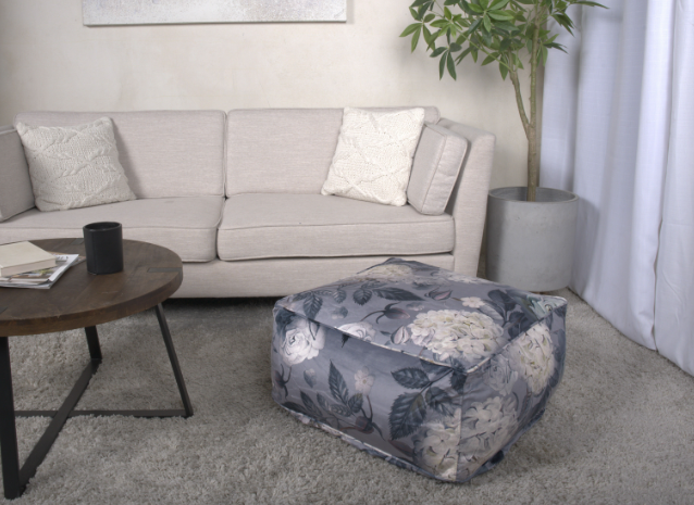 Hazel Large Square Pouf, Flower Print On Gray Gray Flower Velvet