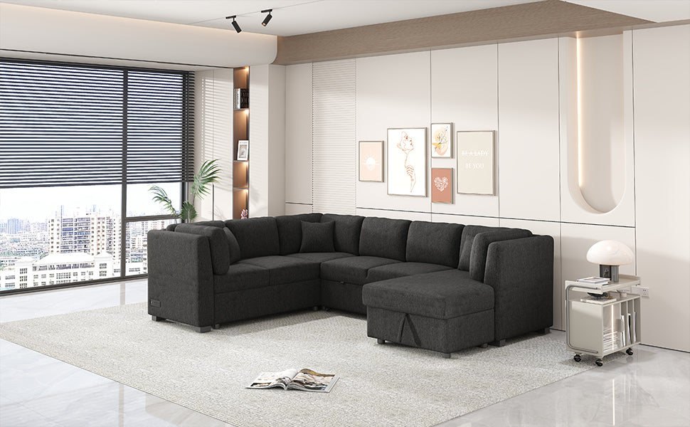 108.6" U Shaped Sectional Sofa Pull Out Sofa Bed With Two Usb Ports, Two Power Sockets, Three Back Pillows And A Storage Chaise For Living Room, Black Black Foam Chenille 5 Seat