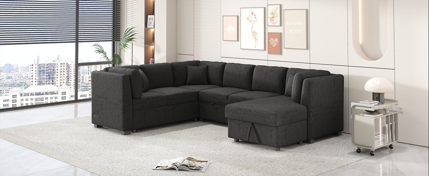 108.6" U Shaped Sectional Sofa Pull Out Sofa Bed With Two Usb Ports, Two Power Sockets, Three Back Pillows And A Storage Chaise For Living Room, Black Black Foam Chenille 5 Seat