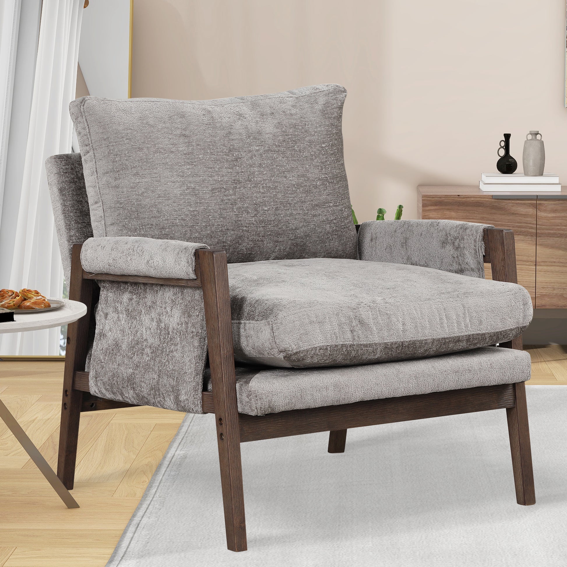 Kelly Mid Century Modern Velvet Accent Armchair, Gray Gray Espresso Primary Living Space Mid Century Modern Rubberwood Rubberwood Velvet