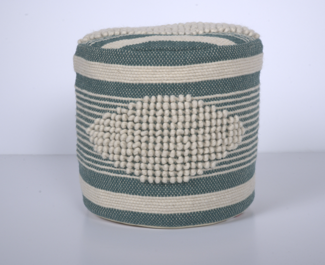 Diamond Handcrafted Fabric Cylindrical Pouf, White And Teal Teal Fabric