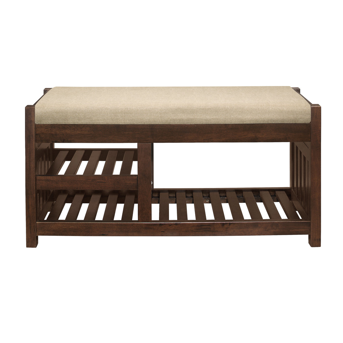 Transitional 1Pc Storage Bench With 2 Open Shelves Hidden Drawer Upholstered Cushioned Seat Multifunctional Wooden Furniture Walnut Polyester Primary Living Space Transitional Wood