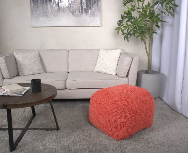 Spongy Microfiber Square Pouf, Coral Coral Microfiber