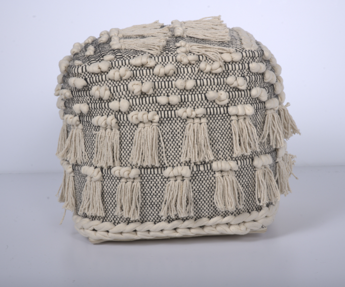 Angelic Handcrafted Fabric Pouf With Tassels, Ivory Ivory Fabric