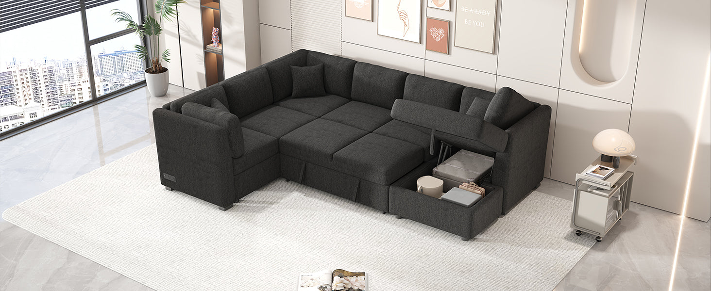 108.6" U Shaped Sectional Sofa Pull Out Sofa Bed With Two Usb Ports, Two Power Sockets, Three Back Pillows And A Storage Chaise For Living Room, Black Black Foam Chenille 5 Seat