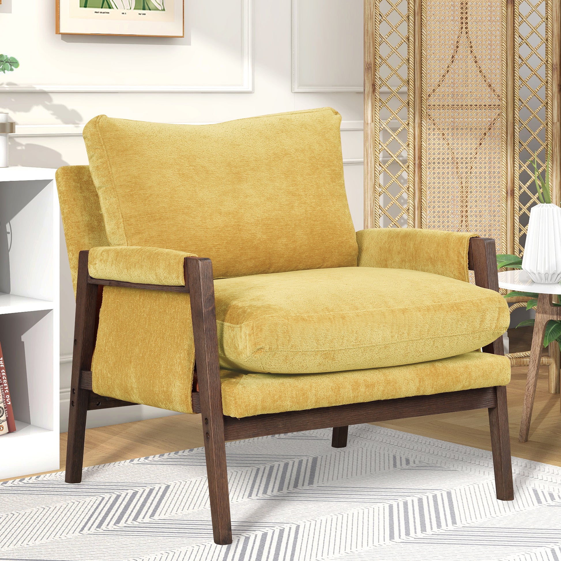 Kelly Mid Century Modern Velvet Accent Armchair, Yellow Yellow Espresso Primary Living Space Mid Century Modern Rubberwood Rubberwood Velvet