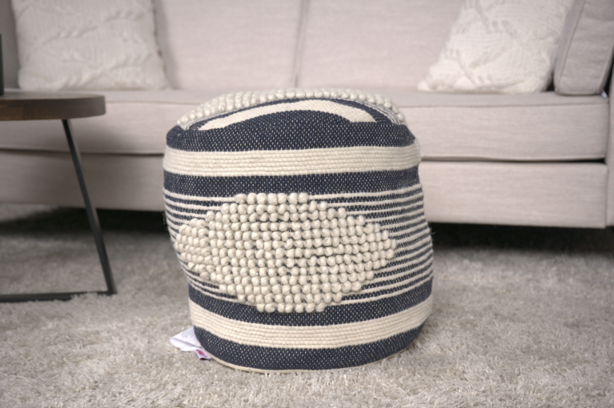 Diamond Handcrafted Fabric Cylindrical Pouf, Beige And Dark Grey Dawn Grey Fabric