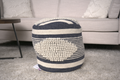 Diamond Handcrafted Fabric Cylindrical Pouf, Beige And Dark Grey Dawn Grey Fabric