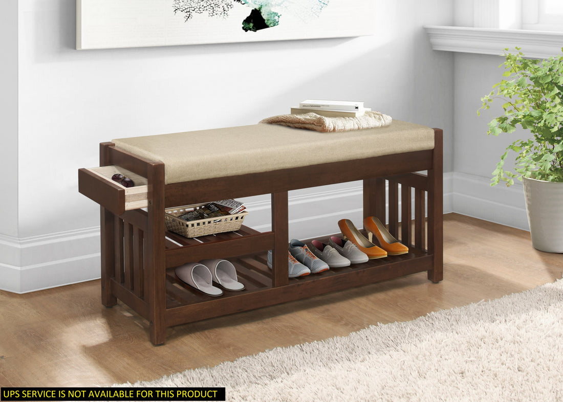 Transitional 1Pc Storage Bench With 2 Open Shelves Hidden Drawer Upholstered Cushioned Seat Multifunctional Wooden Furniture Walnut Polyester Primary Living Space Transitional Wood