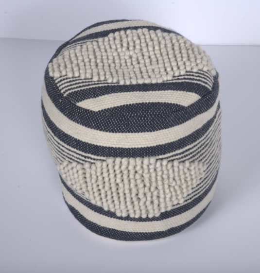 Diamond Handcrafted Fabric Cylindrical Pouf, Beige And Dark Grey Dawn Grey Fabric