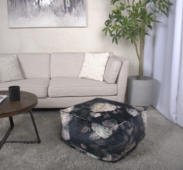 Hazel Large Square Pouf, Flower Print On Black Black Flower Velvet