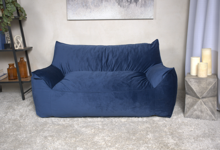 Fila Velveteen 2 Seater Oversized Bean Bag Chair With Armrests, Navy Blue Blue Solid Velvet